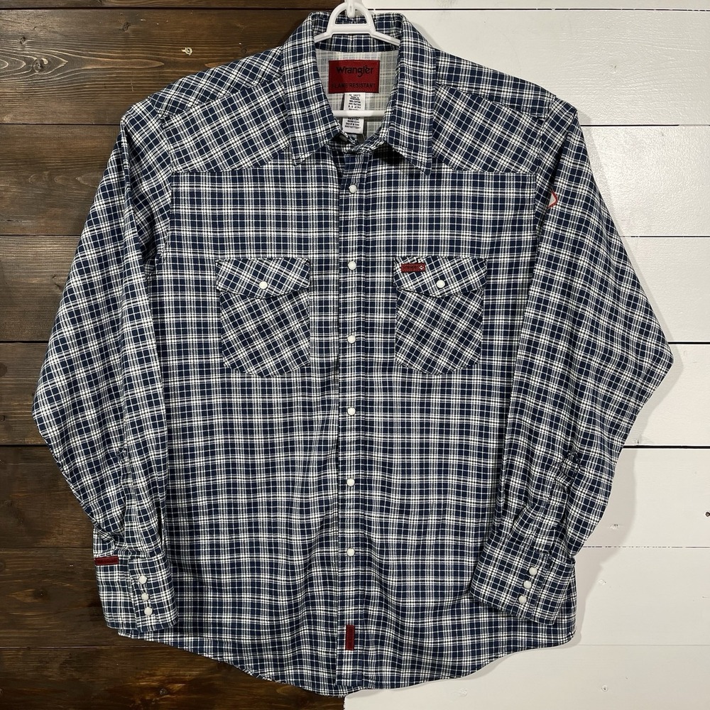 Wrangler FR Flame Resistant Shirt Men XL Blue Plaid Pearl Snap Western HRC2
